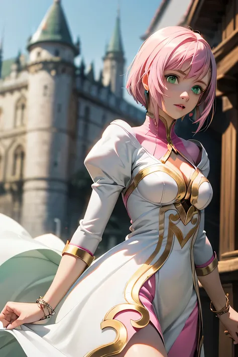  best quality, highest resolution,(((white dress with metallic luster　 green eyes　shiny pink hair　small breasts)))　Estellise　[blurry]　16k　Castle