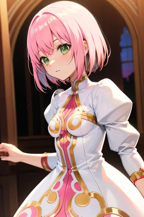  best quality, highest resolution,(((white dress with metallic luster　 green eyes　shiny pink hair　small breasts)))　Estellise　[blurry]　16k　Castle