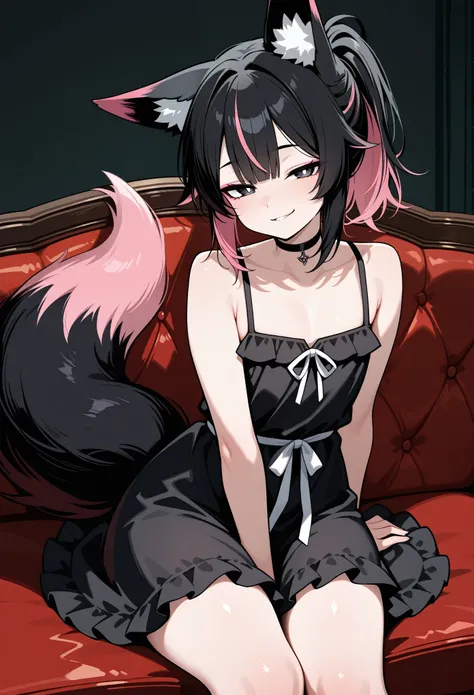 1boy, fox boy, otoko no ko, black sundress, frilled dress, sitting, on couch, half-closed eyes, looking at viewer, light blush, smirk, black hair, pink highlights, bangs, ponytail, black eyes, white pupils, fox ears, fox tail, wide hips, indoors, highres, ...