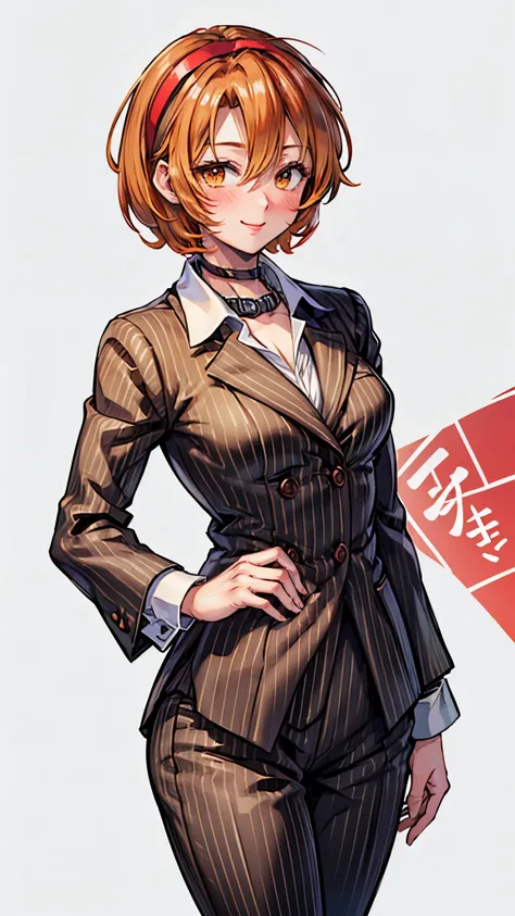 （ Super high quality, super high resolution,16k,super masterpiece,Ultra HD ,Detailed shading and background,）Sexy woman, orange short hair, red headband , Sexy White Shirt ,black suit and pants with striped pattern,smile,blush,Chinatown,