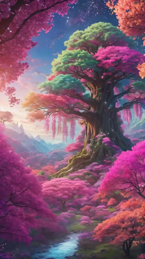  highdefinition images ， Giant Tree々  Mysterious forest where colorful magical beings hide in branches, 8k,Beautiful colorful flowers々 Forest with good quality giant trees blooming in red 、  a forest believed to be inhabited by fairies 、Snowy mountains in ...