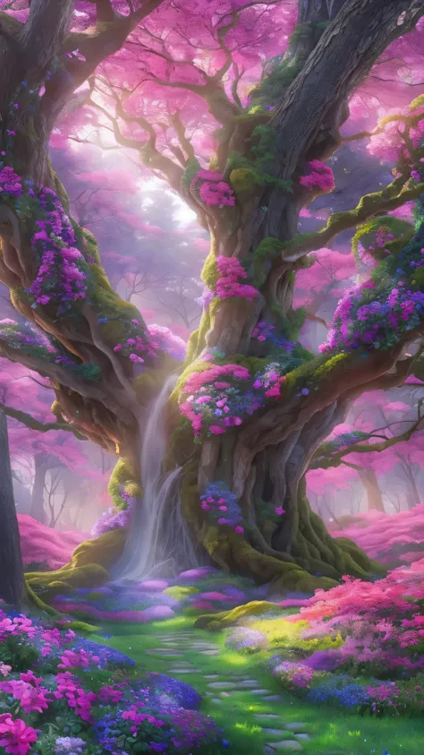  highdefinition images ， Giant Tree々  Mysterious forest where colorful magical beings hide in branches, 8k,Beautiful colorful flowers々 Forest with good quality giant trees blooming in red 、  a forest believed to be inhabited by fairies 、Snowy mountains in ...