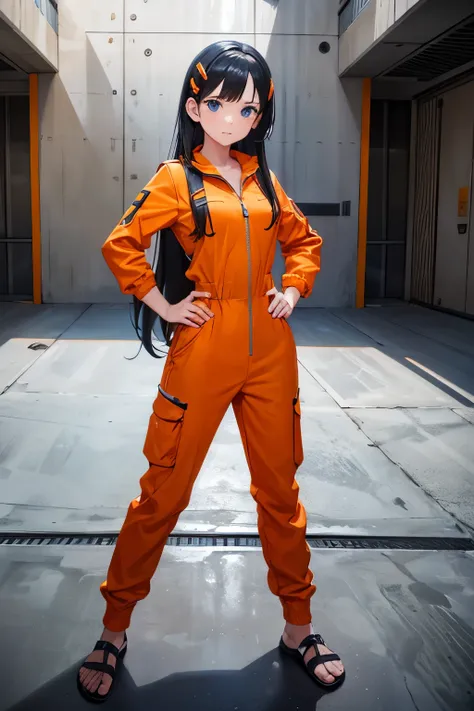 an action figure with orange jumpsuits stands with feet in a concrete floor, 1girl, solo, jumpsuit, blue eyes, hand on hip, long hair, hairclip, hair ornament