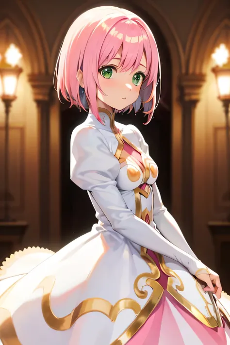  best quality, highest resolution,(((white dress with metallic luster　 green eyes　shiny pink hair　small breasts)))　Estellise　[blurry]　16k　Castle