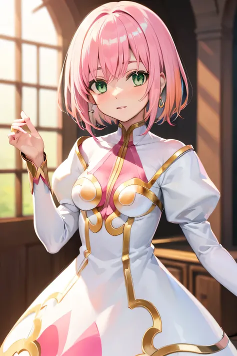  best quality, highest resolution,(((white dress with metallic luster　 green eyes　shiny pink hair　small breasts)))　Estellise　[blurry]　16k　Castle