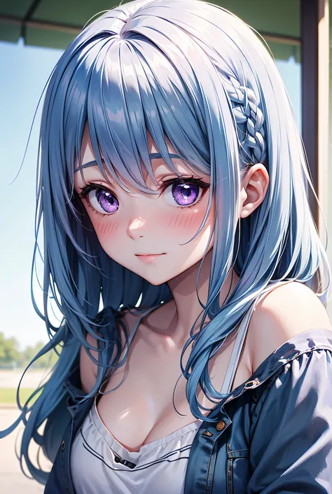 1girl, light blue hair, purple eyes, pale skin, casual clothes, shy blush, soft smile, close up face