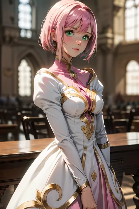 best quality, highest resolution,(((white dress with metallic luster　 green eyes　shiny pink hair　small breasts)))　Estellise　[blurry]　16k　Castle
