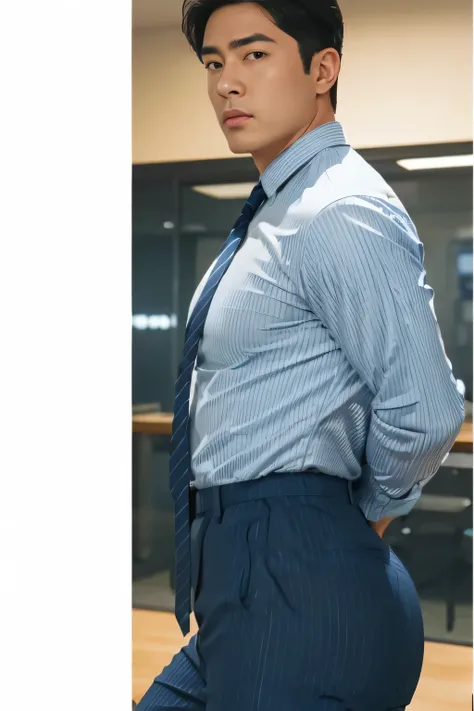 40-year-old boy ,Korean bulky male officer ,Wear navy blue police uniform shirt................ pinstripe navy blue smooth tight trouser, transparent pants obvious underwear print ,((unrealistic super big tight butt wearing pants)), legs wide open, legs on...