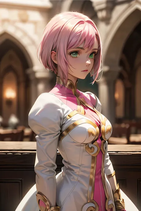  best quality, highest resolution,(((white dress with metallic luster　 green eyes　shiny pink hair　small breasts)))　Estellise　[blurry]　16k　Castle