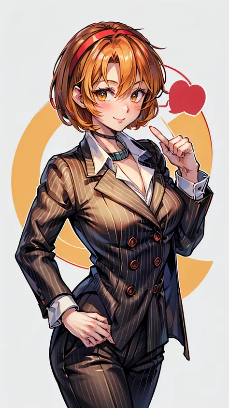 （ Super high quality, super high resolution,16k,super masterpiece,Ultra HD ,Detailed shading and background, anime style）Sexy woman, orange short hair, red headband , Sexy White Shirt ,black suit and pants with striped pattern,smile,blush,Chinatown at dayt...