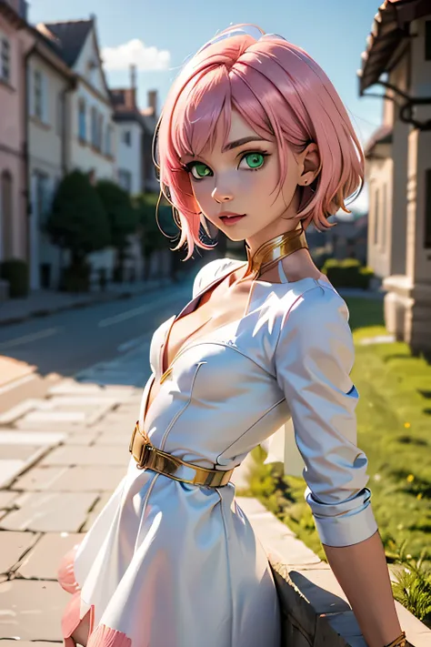  best quality, highest resolution,(((white dress with metallic luster　 green eyes　shiny pink hair　small breasts)))　Estellise　[blurry]　16k　Castle