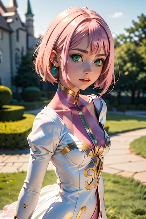  best quality, highest resolution,(((white dress with metallic luster　 green eyes　shiny pink hair　small breasts)))　Estellise　[blurry]　16k　Castle