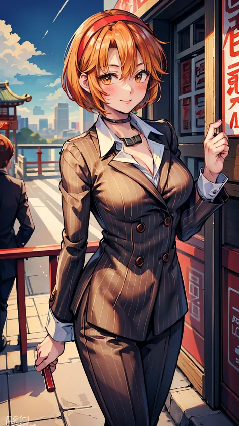 （ Super high quality, super high resolution,16k,super masterpiece,Ultra HD ,Detailed shading and background, anime style）Sexy woman, orange short hair, red headband , Sexy White Shirt ,black suit and pants with striped pattern,smile,blush,Chinatown with a ...