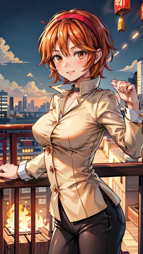( Super high quality, super high resolution,16k,super masterpiece,Ultra HD ,Detailed shading and background, anime style)Sexy woman, orange short hair, red headband , Sexy White Shirt ,black suit and pants with striped pattern,smile,blush,Chinatown with a ...