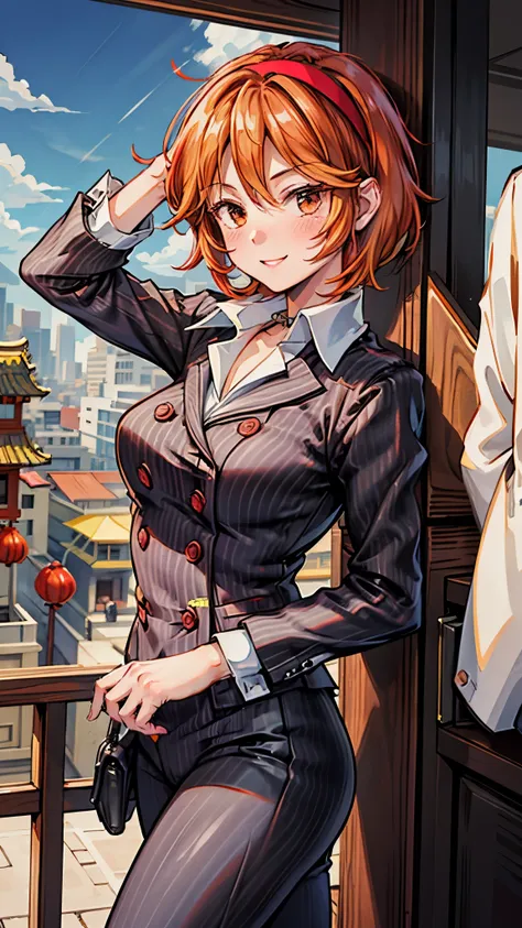 （ Super high quality, super high resolution,16k,super masterpiece,Ultra HD , detailed shading and background, anime style）Sexy woman, orange short hair, red headband , Sexy White Shirt ,black suit and pants with striped pattern,smile,blush,Chinatown with a...