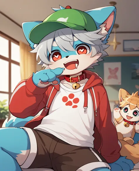  very detailedな, very detailed, blue fur gray hair,,male,骨を見てexcitedする, heart eye,participate, red collar, green white and colored hat, cute face, fluffy fur like one,excitedする,Horny boy,Beautiful room, 's room ,Smiling face,Dropped ears, let's play with t...