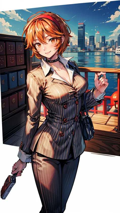 （ Super high quality, super high resolution,16k,super masterpiece,Ultra HD , detailed shading and background, anime style）Sexy woman, orange short hair, red headband , Sexy White Shirt ,black suit and pants with striped pattern,smile,blush,Chinatown with a...