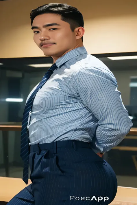 40-year-old boy ,Korean bulky male officer ,Wear navy blue police uniform shirt................ pinstripe navy blue smooth tight trouser, transparent pants obvious underwear print ,((unrealistic super big tight butt wearing pants)), legs wide open, legs on...