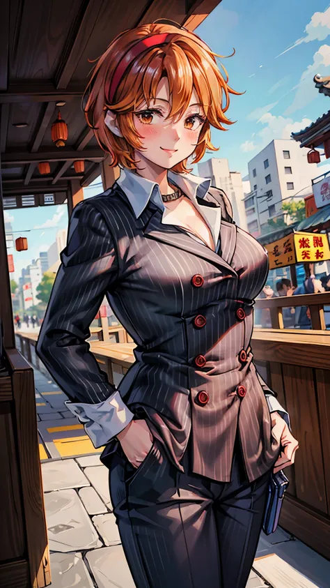 （ Super high quality, super high resolution,16k,super masterpiece,Ultra HD ,Detailed shading and background, anime style）Sexy woman, orange short hair, red headband , Sexy White Shirt ,black suit and pants with striped pattern,smile,blush,Chinatown with a ...