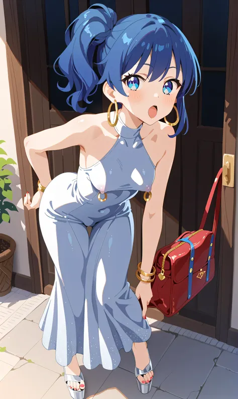 Aoi Kiriya, blue hair, blue eyes, side ponytail, 1 girl, 2025, {{huge hoop earrings}}, covered nipples, {{puffy nipples}}, nipple rings,, thick mounds, drawstring, cameltoe, viewer looking, evening dress, silver dress, halter dress, platform heels, {{{neck...