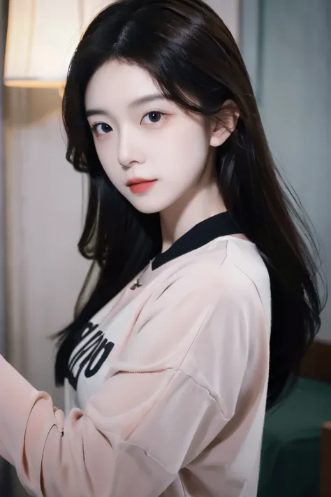 ((Masterpiece, high resolution, ultra detailed, 8k, raw photo)), 1 girl, graceful, soft skin, delicate face, perfect face, perfect eyes, brown hair, long hair, long sleeved t-shirt, pale skin, random pose, in the hotel
