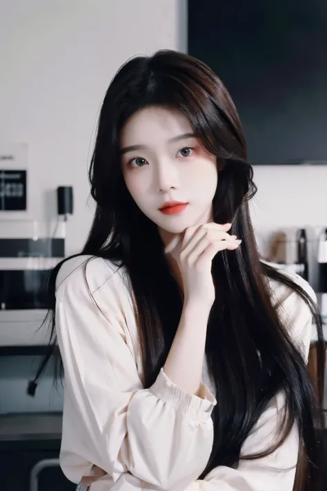 ((Masterpiece, high resolution, ultra detailed, 8k, raw photo)), 1 girl, graceful, soft skin, delicate face, perfect face, perfect eyes, brown hair, long hair, long sleeved t-shirt, pale skin, random pose, in the coffee shop