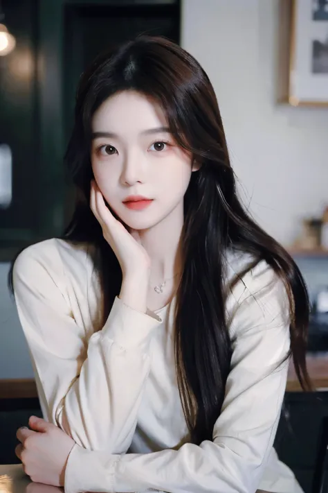 ((Masterpiece, high resolution, ultra detailed, 8k, raw photo)), 1 girl, graceful, soft skin, delicate face, perfect face, perfect eyes, brown hair, long hair, long sleeved t-shirt, pale skin, random pose, in the coffee shop
