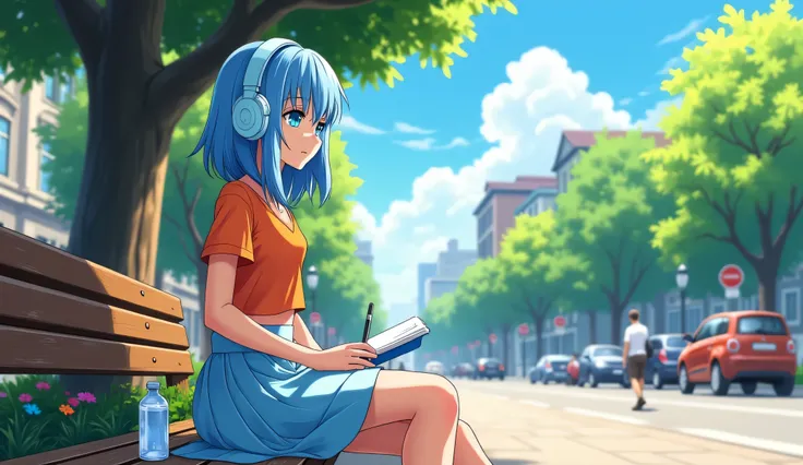  A young 18-year-old anime character, with radiant medium blue hair (#549ed9),  hair cut at shoulder length and styled with elongated tips in the front (beak style ),  highlights her modern and captivating look while standing in a busy square , surrounded ...