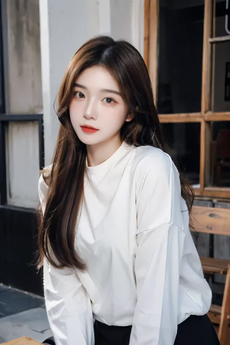 ((Masterpiece, high resolution, ultra detailed, 8k, raw photo)), 1 girl, graceful, soft skin, delicate face, perfect face, perfect eyes, blonde brown hair, long hair, long sleeved t-shirt, pale skin, random pose, in the coffee shop