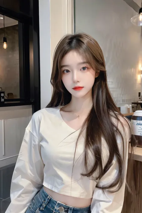 ((Masterpiece, high resolution, ultra detailed, 8k, raw photo)), 1 girl, graceful, soft skin, delicate face, perfect face, perfect eyes, blonde brown hair, long hair, long sleeved t-shirt, crop top, pale skin, random pose, in the coffee shop