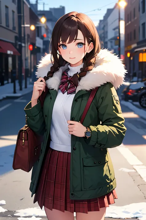 ( best quality)), ((Masterpiece)), (  Details), 1 girl,  meter ediu meter hair ,  brown hair ,  braided ,  watch viewers, Outdoors, winter,  open meter outh ,  ruffle skirt , bangs,  down jacket, fur, ,  cowboy shooting , bag, holding bag