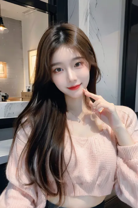 ((Masterpiece, high resolution, ultra detailed, 8k, raw photo)), 1 girl, graceful, soft skin, delicate face, perfect face, perfect eyes, blonde brown hair, long hair, pink sweater crop top, pale skin, random pose, in the coffee shop, (smile: 0.8)
