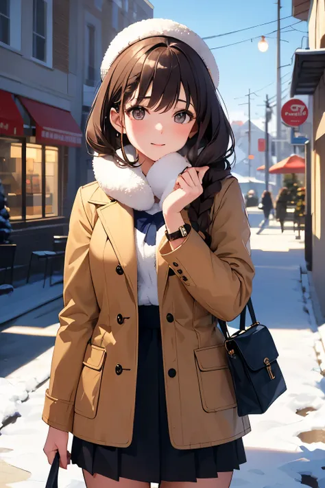  best quality)), ((Masterpiece)), (  Details), 1 girl,  meter ediu meter hair ,  brown hair ,  braided ,  watch viewers, Outdoors, winter,  open meter outh ,  ruffle skirt , bangs,  down jacket, fur, bag, holding bag