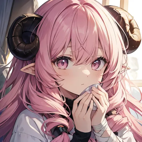 A close-up anime-style illustration of a girl named 'Fua-chan' with long, soft pink hair styled(( in curls resembling sheep’s horns)).** She has bright pink eyes showing a mix of concentration and determination. **Fua-chan is carefully wrapping a bandage a...