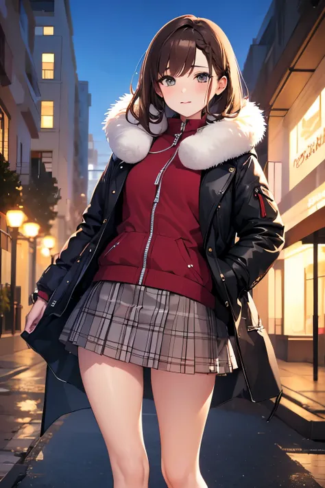  best quality)), ((Masterpiece)), (  Details), 1 girl,  meter ediu meter hair ,  brown hair ,  braided ,  watch viewers, Outdoors, winter,  open meter outh ,  ruffle skirt , bangs,  down jacket, fur,