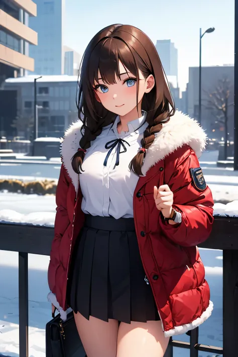  best quality)), ((Masterpiece)), (  Details), 1 girl,hair,  brown hair ,  braided ,  watch viewers, Outdoors, winter,  ruffle skirt , bangs,  down jacket, fur,