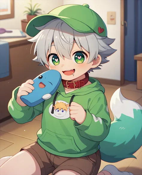  very detailedな, very detailed, blue fur gray hair,,male,骨を見てexcitedする, heart eye,participate, red collar, green white and colored hat, cute face, fluffy fur like one,excitedする,Horny boy,Beautiful room, 's room ,Smiling face,Dropped ears, let's play with t...