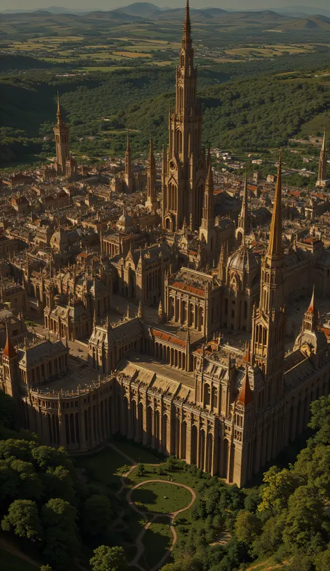 image of a medieval city seen from above, rich in details, with a large old castle and a church standing out, it is also possible to see green fields and forests around 14th century