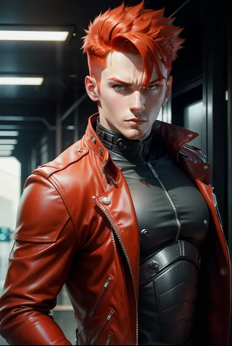 cyberguy ,  with red hair, Big weapons, leather jacket