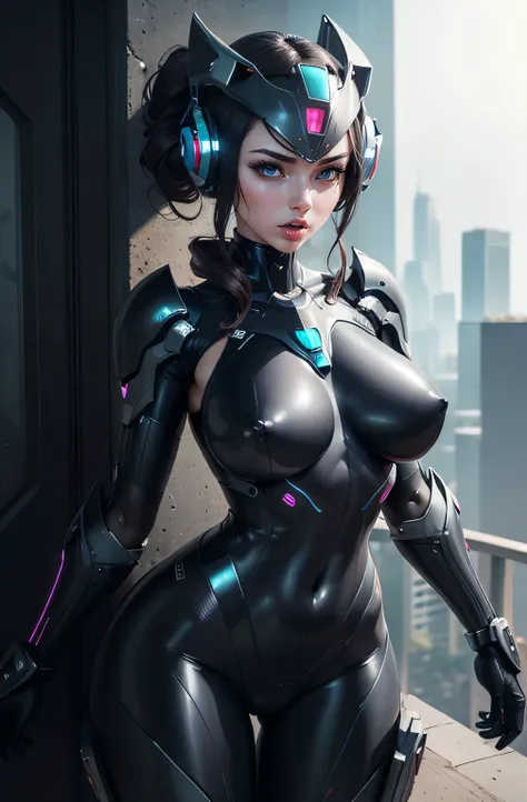 Robot tall slender but curvy cyborg girl, her body is shapely and sexually satisfying but her skin is made of shiny segmented metal, her eyes are beautiful and intense and glow with artificial light,  her metal breasts are large and heavy saggy clingy, her...