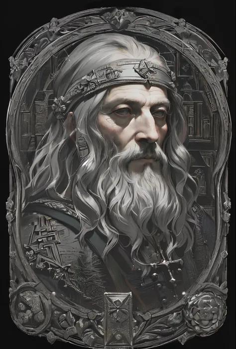  Close up of a picture of a bearded man,  portrait of Alan Moore  , Portrait of Merlin ,  Da Vinci Style ,  Leonardo da Vinci style , portrait of a wizard,  Martin Ansan Artwork Portrait , hyperrealism Vrubel, Kiss István and da Vinci ,  Leonardo da Vinci ...