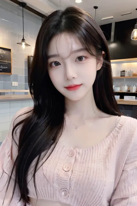 ((Masterpiece, high resolution, ultra detailed, 8k, raw photo)), 1 girl, graceful, soft skin, delicate face, perfect face, perfect eyes, brown hair, long hair, pink sweater crop top, pale skin, random pose, in the coffee shop, (smile: 0.8)