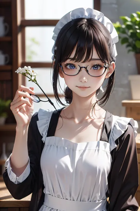 (( best quality )), ((傑 best quality 、masterpiece、High sensitivity、 high resolution、 detailed depiction 、 Delicate Face Description))Slender Woman、Glasses、Flower shop clerk、 apron、Bandana on head、