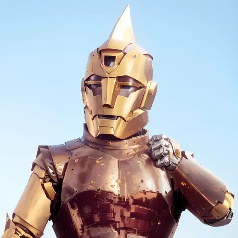 arafed man in a costume with a helmet on his head, the golden humanoid robot, movie still of aztec cyborg, powerful male tin man, face of an armored villian, enormous chrome man, anthropomorphic _ humanoid, anthropomorphic humanoid, humanoid form, giant ro...