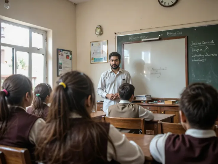 A high-resolution, photorealistic image of a Pakistani classroom. The teacher, dressed in formal attire, is standing near the whiteboard, gesturing while speaking to an unseen individual seated at the back of the class (POV). The teacher's gaze is focused ...
