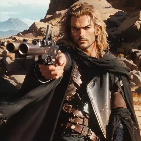 arafed man in a black cloak holding a gun in a rocky area, as a solomon kane, solomon kane, in the movie hard target (1993), mad max beyond thunderdome 1985, longshot, alain delon vampire hunter, in the movie dune, in mad max style, karl urban as a dragons...