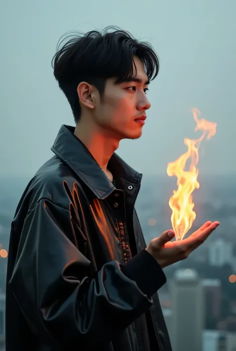 A young man with short, dark hair is shown in a profile view, holding a small, swirling flame in he hand. He ethnicity appears to be East Asian, and he appears to be in he late s or early twenties. he is wearing a black, glossy, seemingly synthetic jacket,...