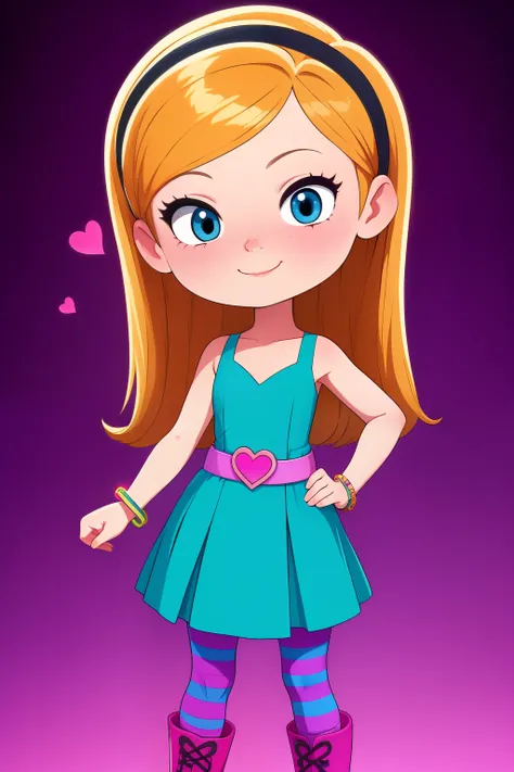 1girl, full body, solo, penny peterson, long hair, blue eyes, 3d, glowing blonde hair, skirt, pleated skirt, hairband, black hairband, dress, teal dress, white trimmings under her skirt, heart shaped lavender belt, blue and pink striped pantyhose, pink boo...