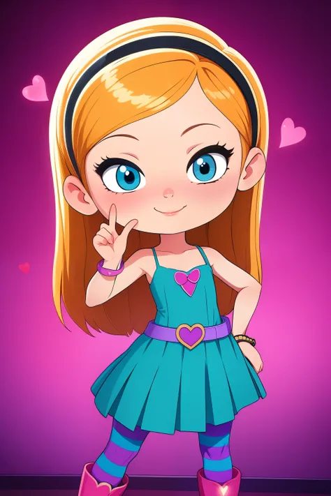 1girl, full body, solo, penny peterson, long hair, blue eyes, 3d, glowing blonde hair, skirt, pleated skirt, hairband, black hairband, dress, teal dress, white trimmings under her skirt, heart shaped lavender belt, blue and pink striped pantyhose, pink boo...
