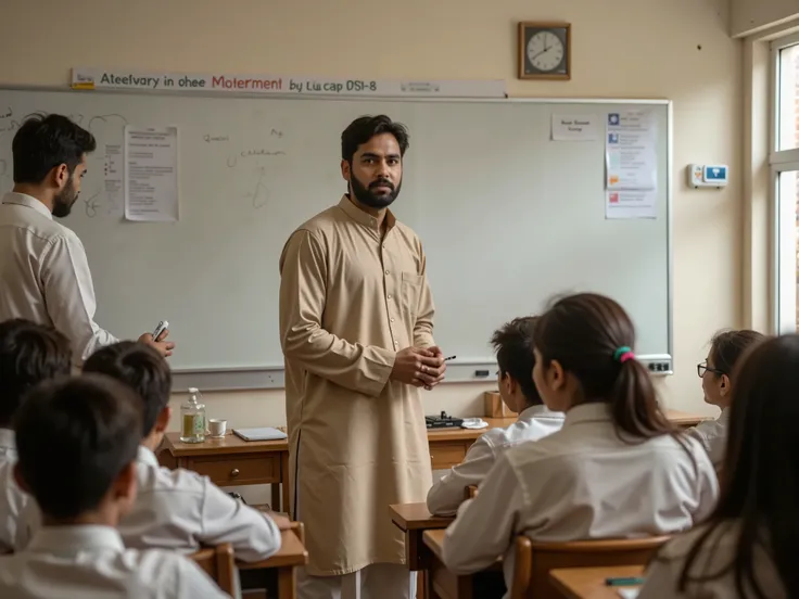 A high-resolution, photorealistic depiction of a traditional Pakistani classroom. The teacher, dressed in a formal beige shalwar kameez, stands at the whiteboard holding a marker, making direct and intense eye contact with the 'unseen individual' (POV), as...